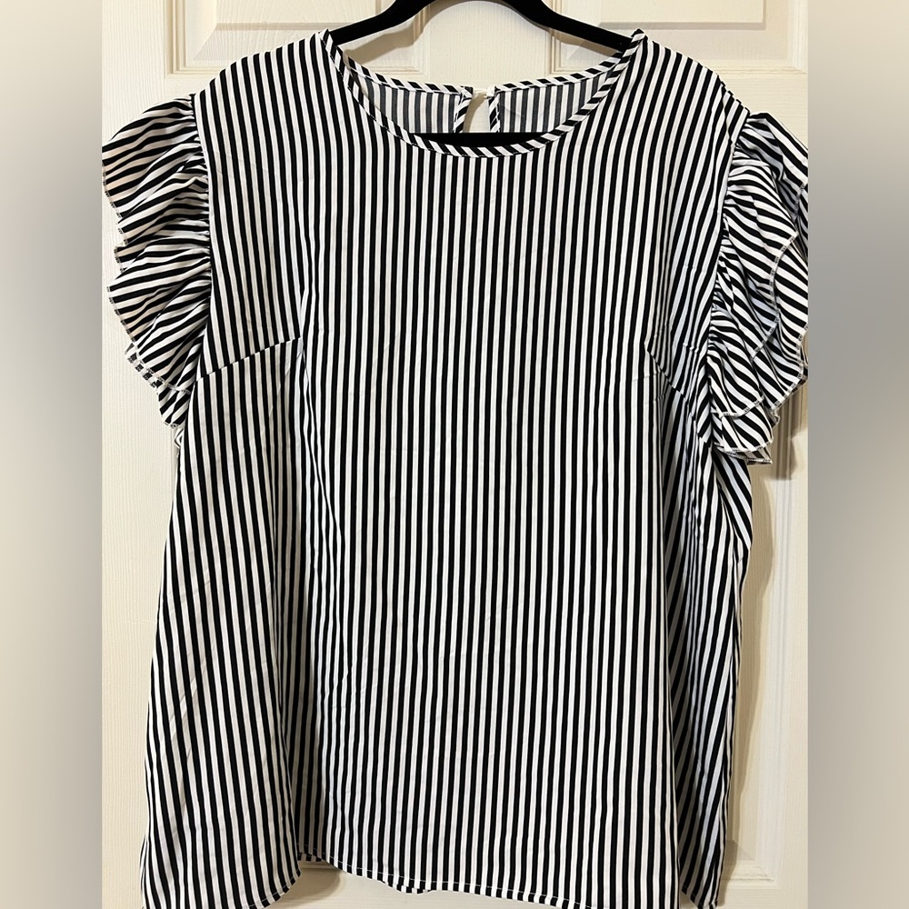 Black and White Striped Ruffle Sleeve Top